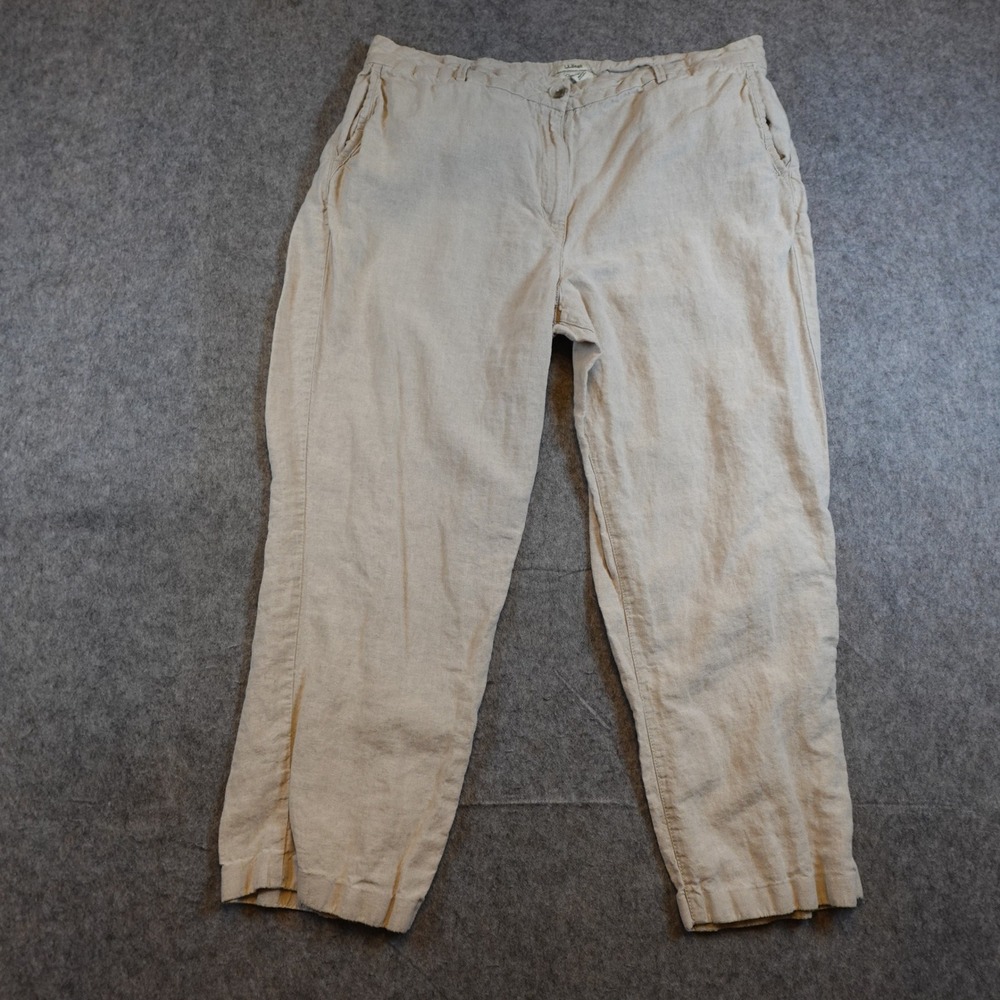 LL Bean Pants Women 18 Petite Beige Linen Classic Fit Straight Leg Lagenlook